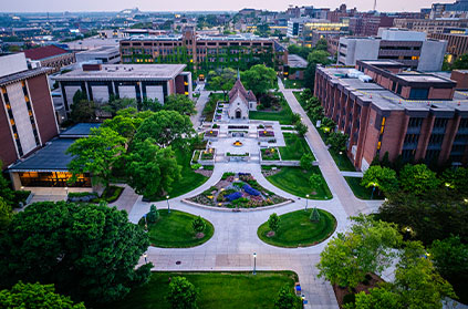 Aerial photo of campus buildings. Link to What to Give