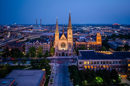 Aerial view of campus. LInk to Gifts from Retirement Plans